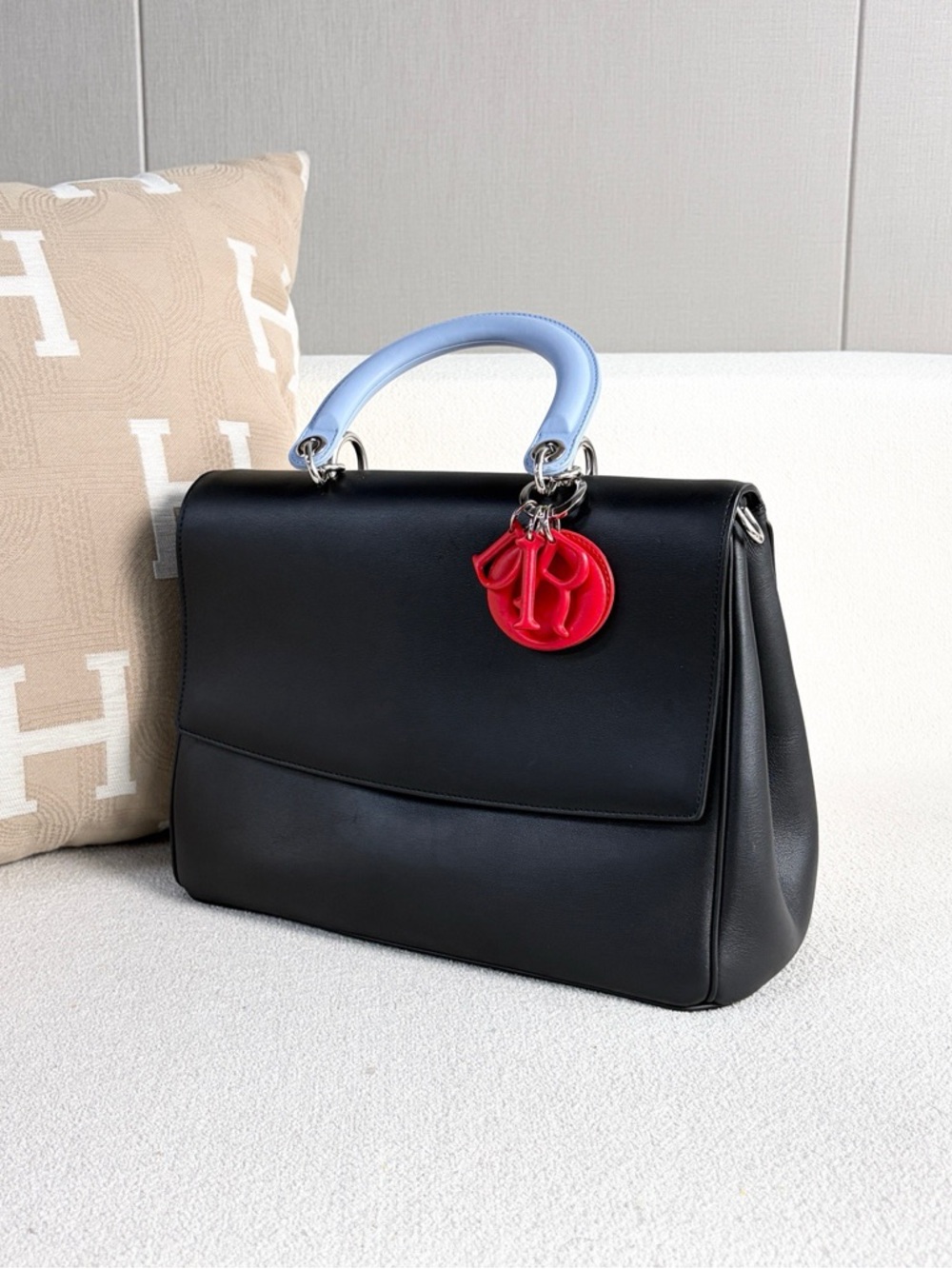 Dior Black Leather Top-Handle Satchel with Light Blue Handle and Red Charm 2015 - Picture 4 of 7